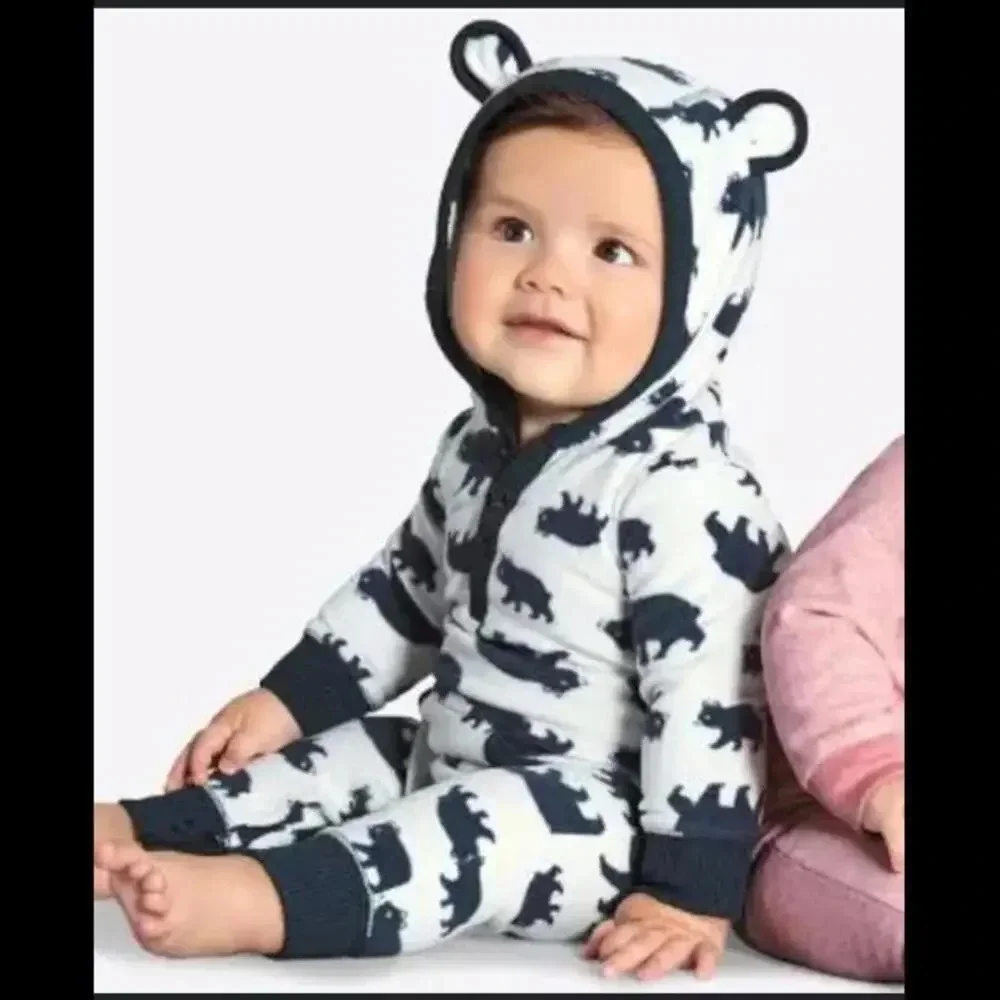 Carter's One Piece Fleece Hooded Jumper Jumpsuit White Blue Bears Size 12m EUC
